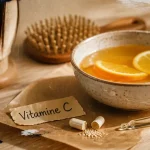 Vitamine C pour les cheveux : jus d’agrume et vitamine C sur table