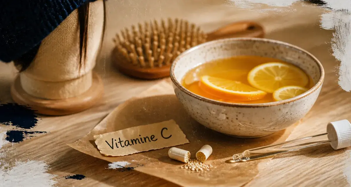 Vitamine C pour les cheveux : jus d’agrume et vitamine C sur table