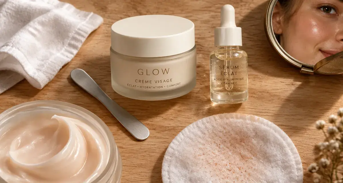 Crème glow visage sans effet pailleté, texture lisse, teint bonne mine