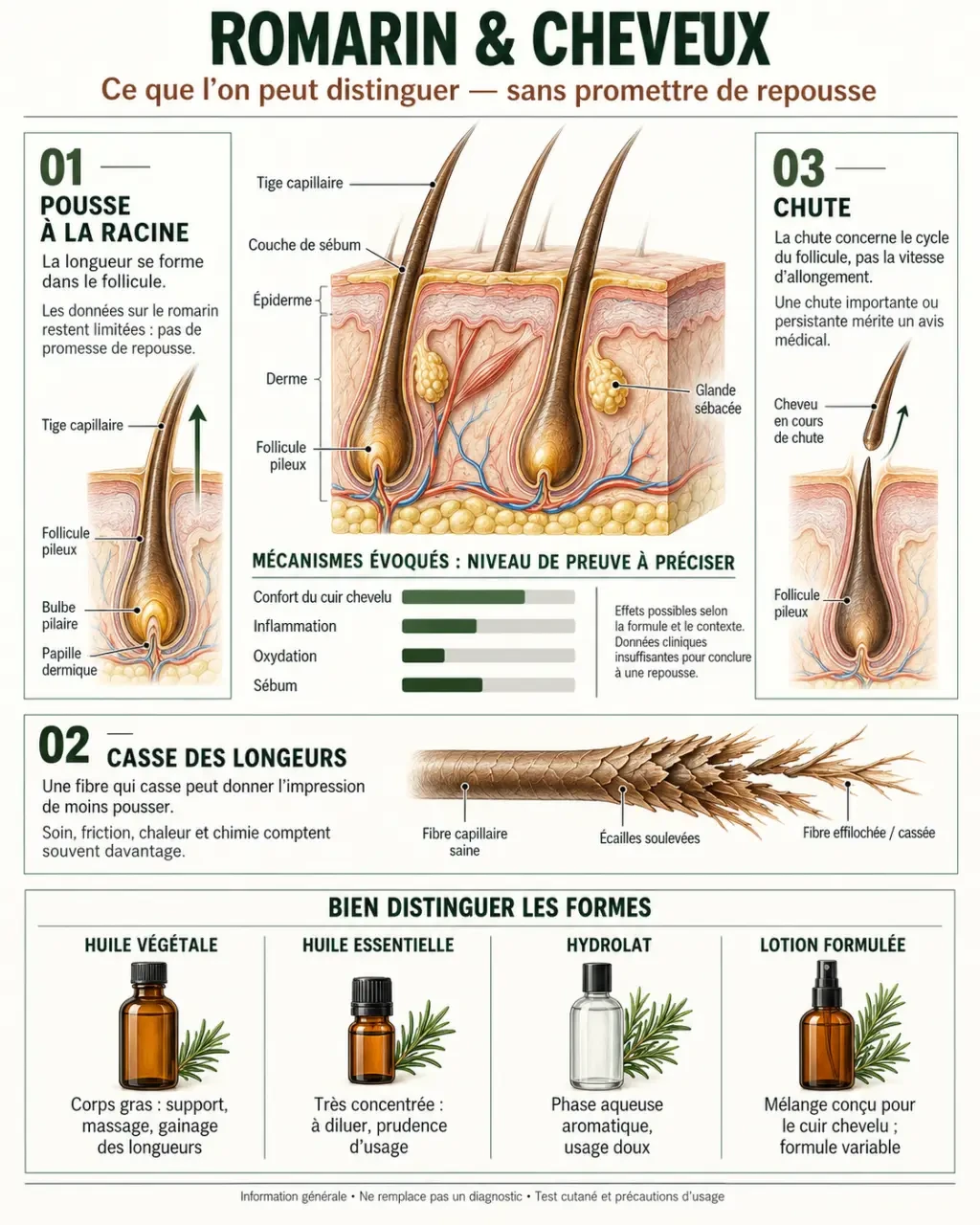 Infographie sur le romarin et la pousse des cheveux, la chute, la casse et les formes d'utilisation