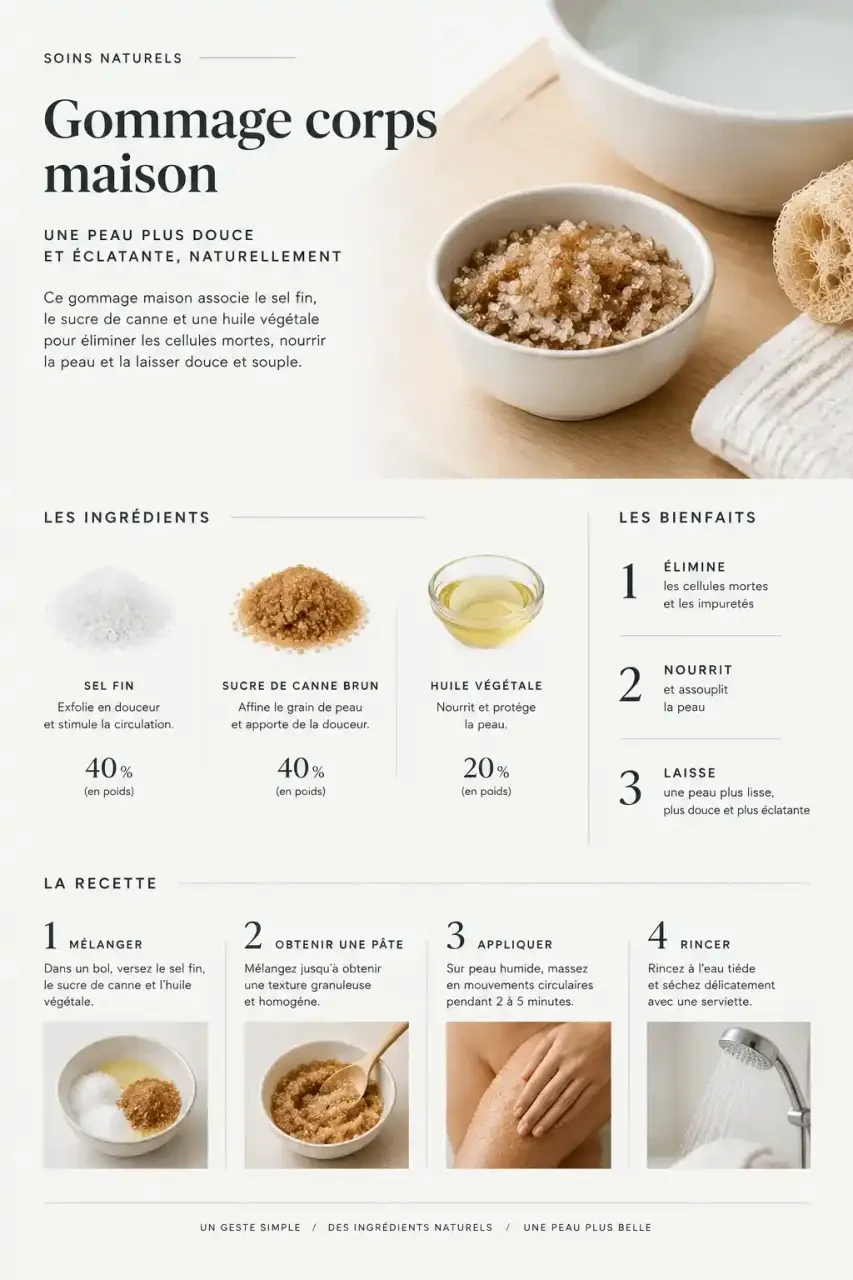 Gommage pour les pieds maison à base de sel, sucre de canne brun et huile végétale dans un bol, avec bassine et loofah