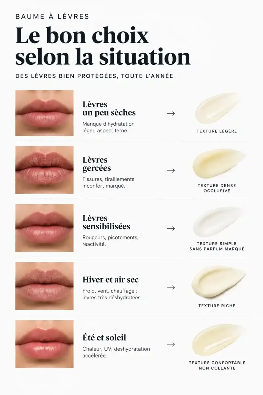 Baume pour les lèvres : texture conseillée selon l'état des lèvres et la saison
