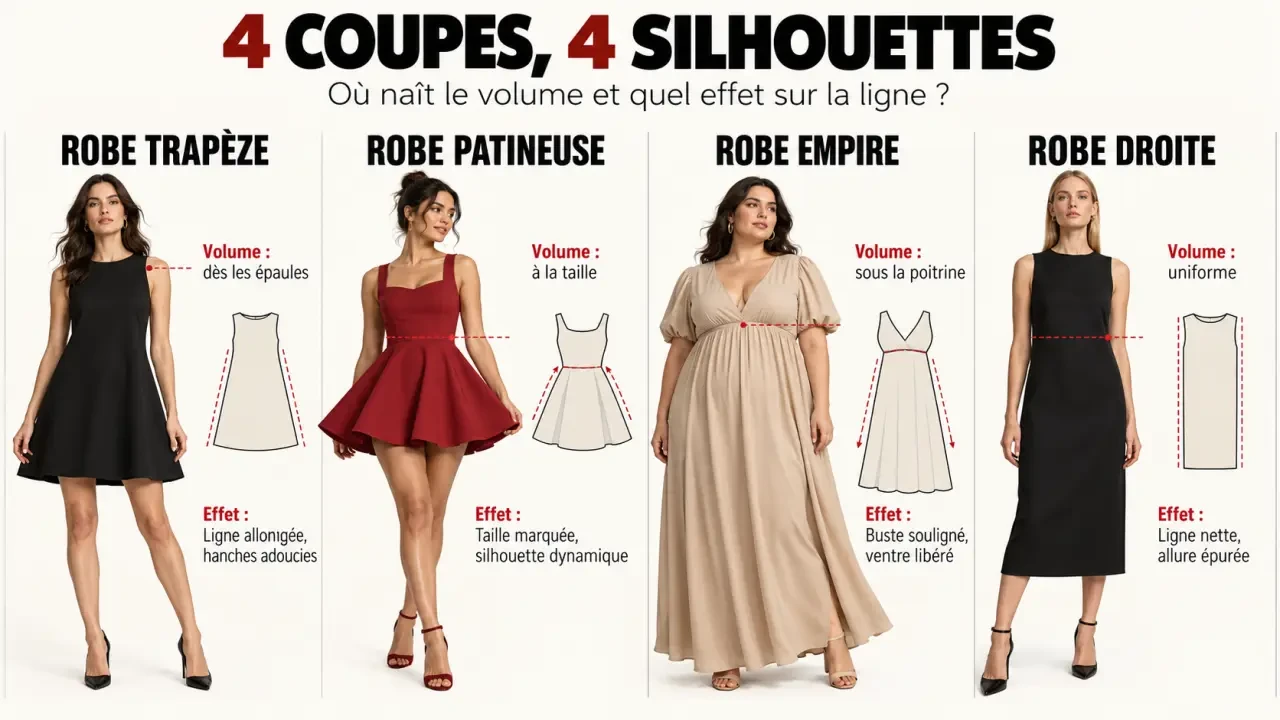Comparaison visuelle entre robe trapèze femme, robe patineuse, robe empire et robe droite