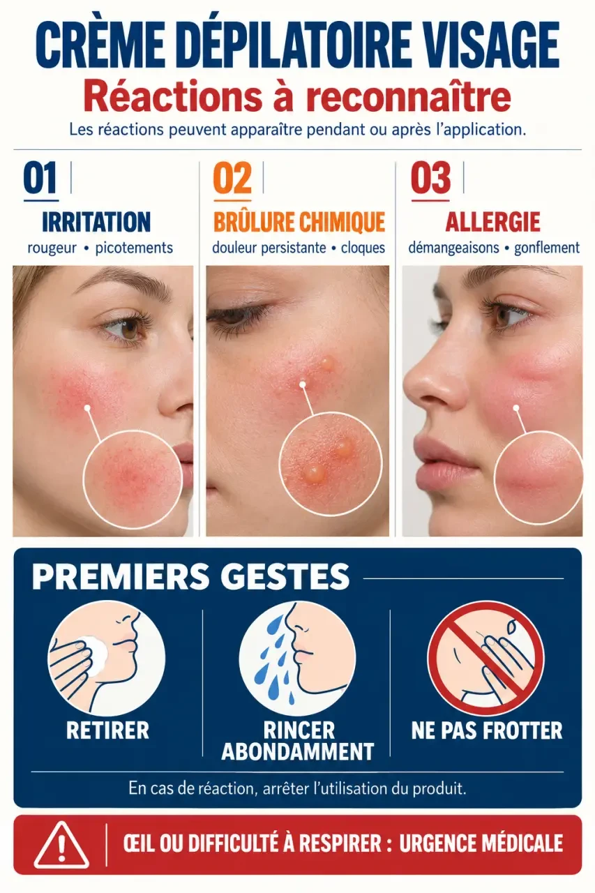 Infographie sur les dangers de la crème dépilatoire visage, entre irritation, brûlure chimique et allergie