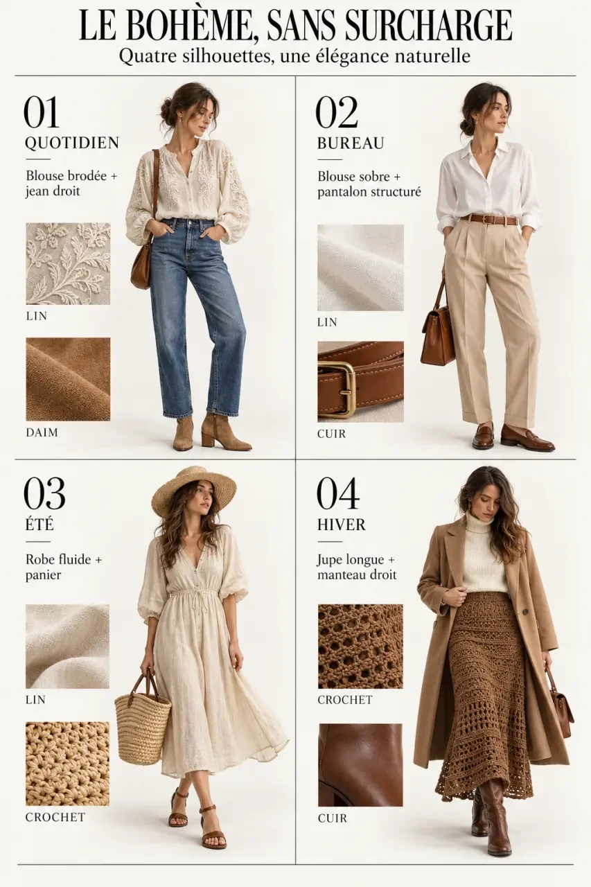 Exemples de looks pour adopter un style vestimentaire bohème au quotidien, au bureau, en été et en hiver