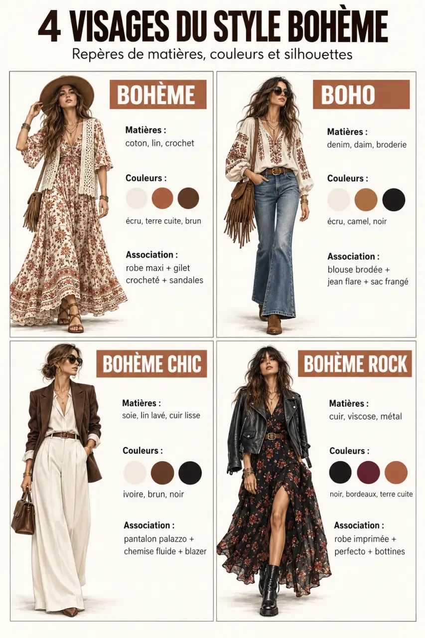 Infographie comparative des styles vestimentaires bohème, boho, bohème chic et bohème rock
