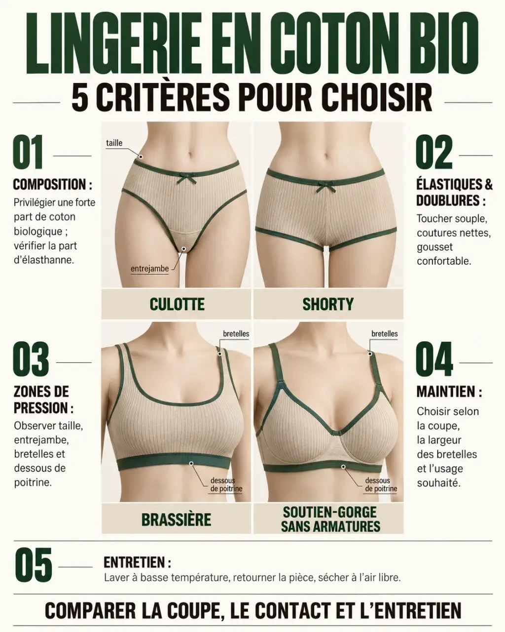Infographie pédagogique sur les critères de choix d’une lingerie coton bio