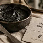Masque au charbon visage sur bol en céramique noire, texture épaisse pour purifier les pores