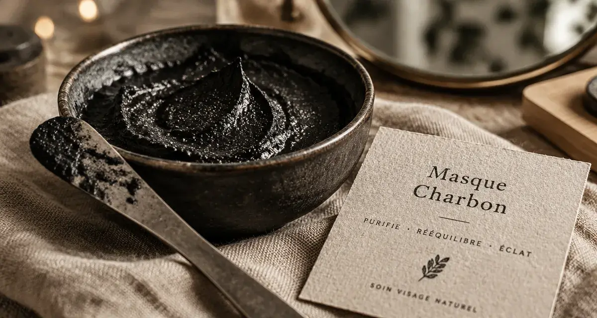 Masque au charbon visage sur bol en céramique noire, texture épaisse pour purifier les pores